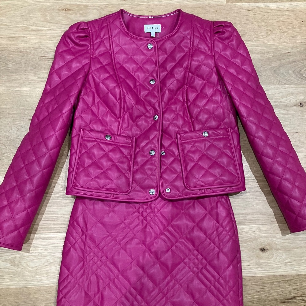 Milly Hollie Quilted Vegan Faux Biker Moto Leather Jacket  And Skirt Set Size 0